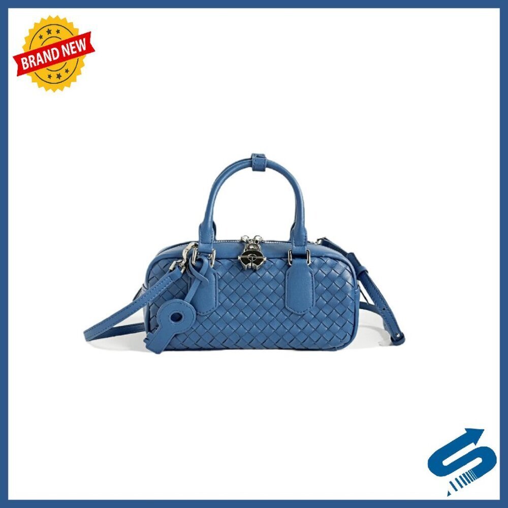 Genuine Leather Woven Crossbody Bag with Lock, Multiple Pockets